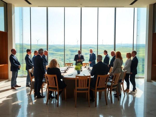 Lideri internaționali într-o sală luminoasă cu geamuri și turbine eoliene