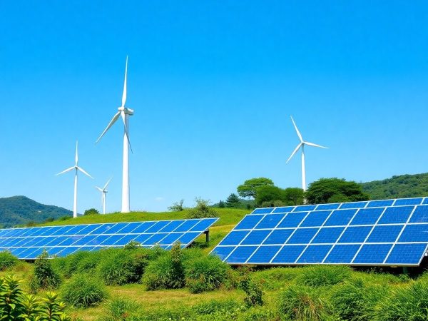 Peisaj ecologic cu turbine eoliene si panouri solare.
