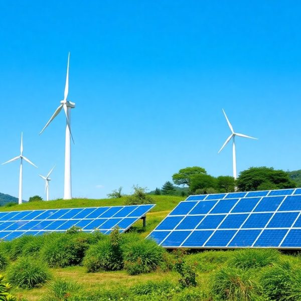 Peisaj ecologic cu turbine eoliene si panouri solare.