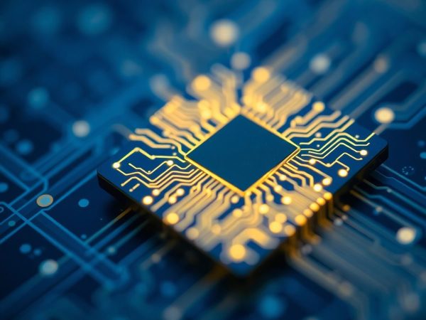 Chip futuristic, circuiti luminoase, conexiuni digitale, inovație tehnologică.