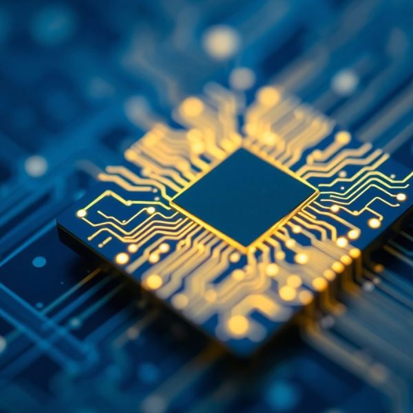 Chip futuristic, circuiti luminoase, conexiuni digitale, inovație tehnologică.